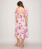 Fuchsia Floral Puff Sleeve Midi Dress