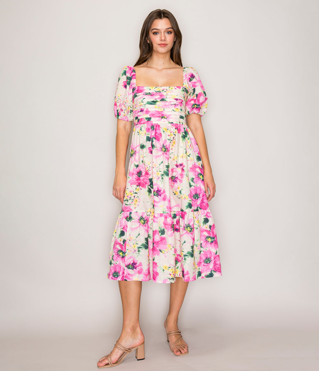 Fuchsia Floral Puff Sleeve Midi Dress