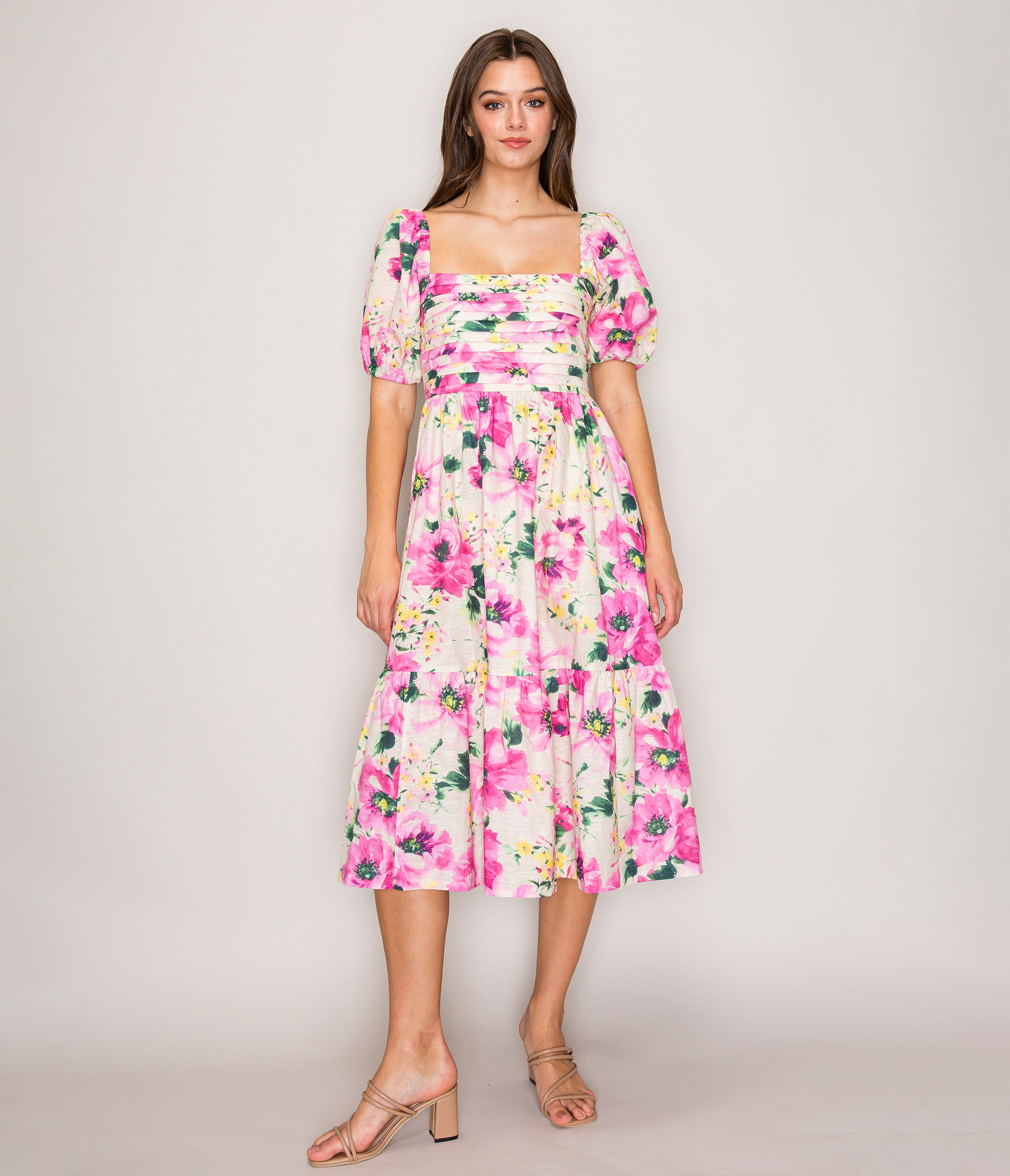 Fuchsia Floral Puff Sleeve Midi Dress