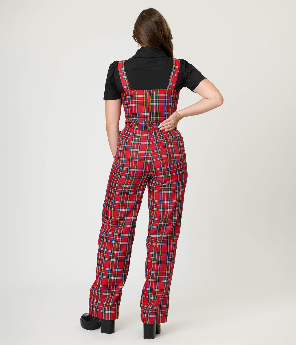Unique Vintage Red Plaid Wide Leg Overalls