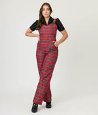 Unique Vintage Red Plaid Wide Leg Overalls