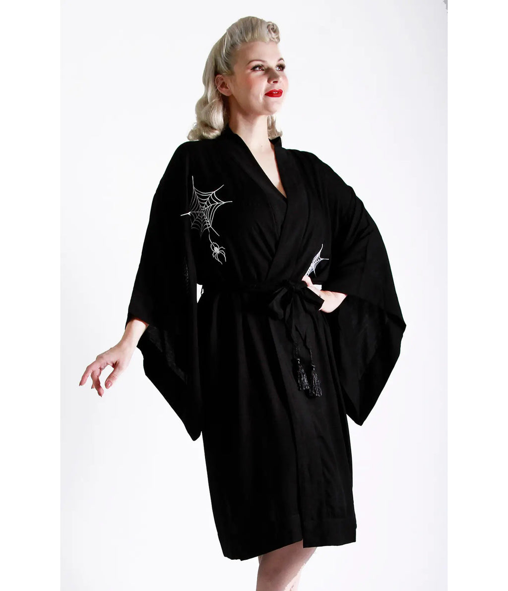 Bonsai Kitten Black Web Lounge Kimono - Unique Vintage - Womens, DRESSES, MAXI