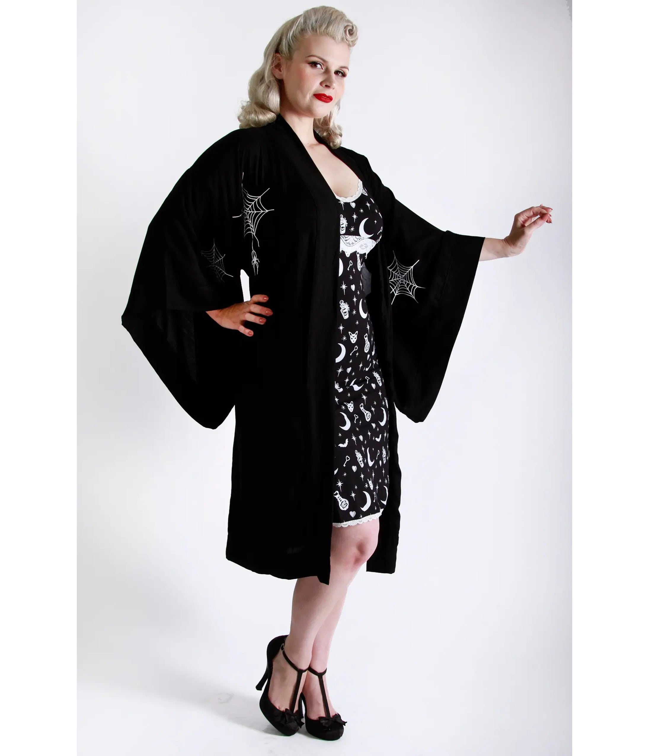 Bonsai Kitten Black Web Lounge Kimono - Unique Vintage - Womens, DRESSES, MAXI
