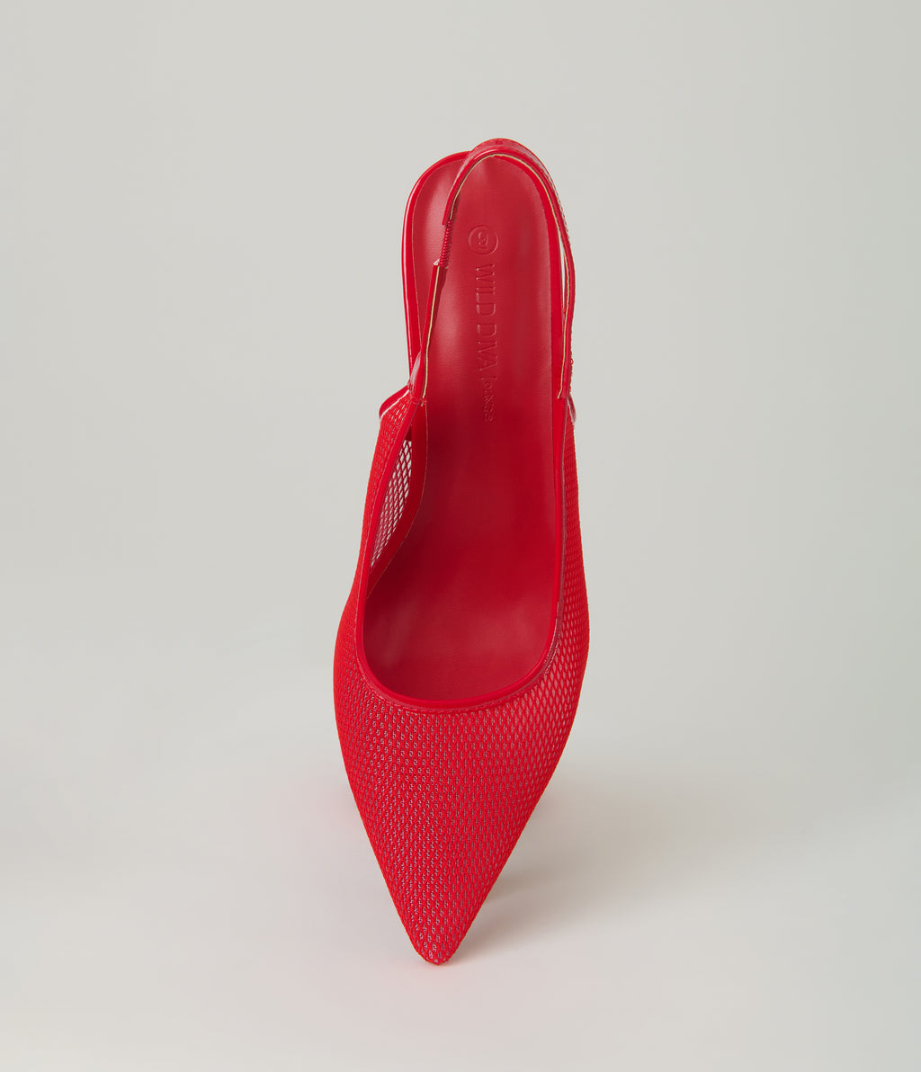 Red Mesh Pointed Toe Slingback Pumps