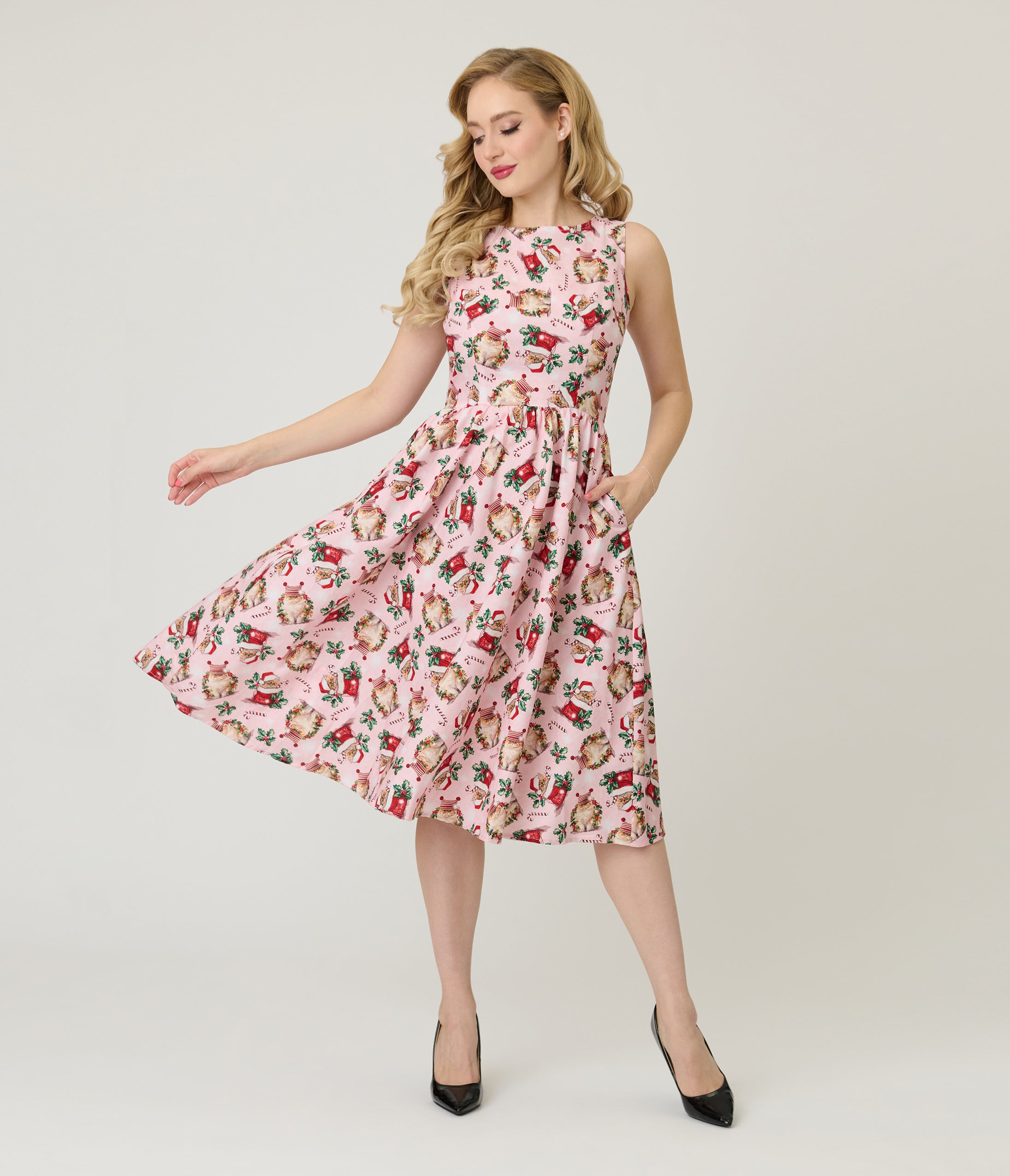 Retrolicious Pink Holiday Cats Cotton Swing Dress
