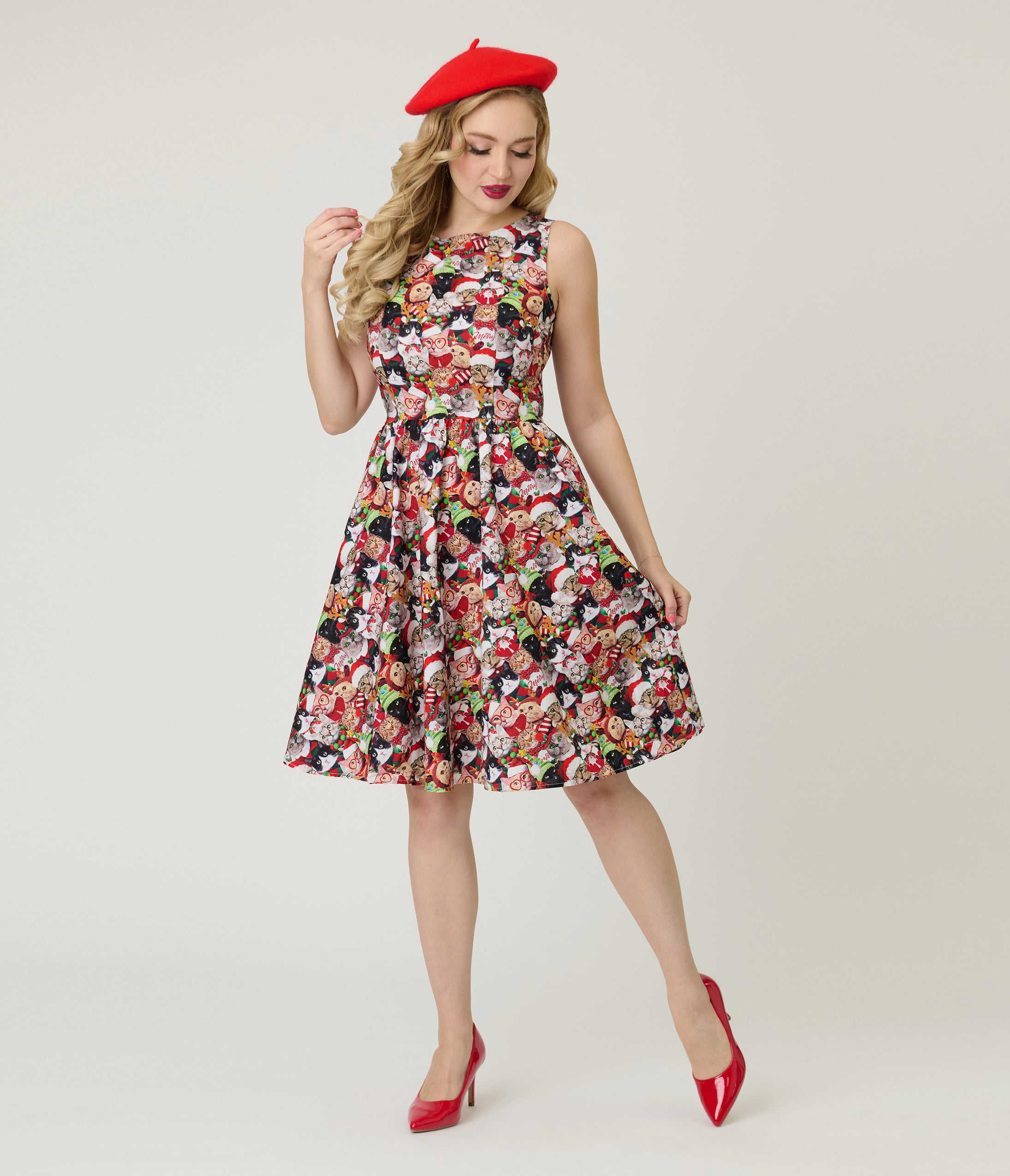 Retrolicious Holiday Cat Cotton Flare Dress