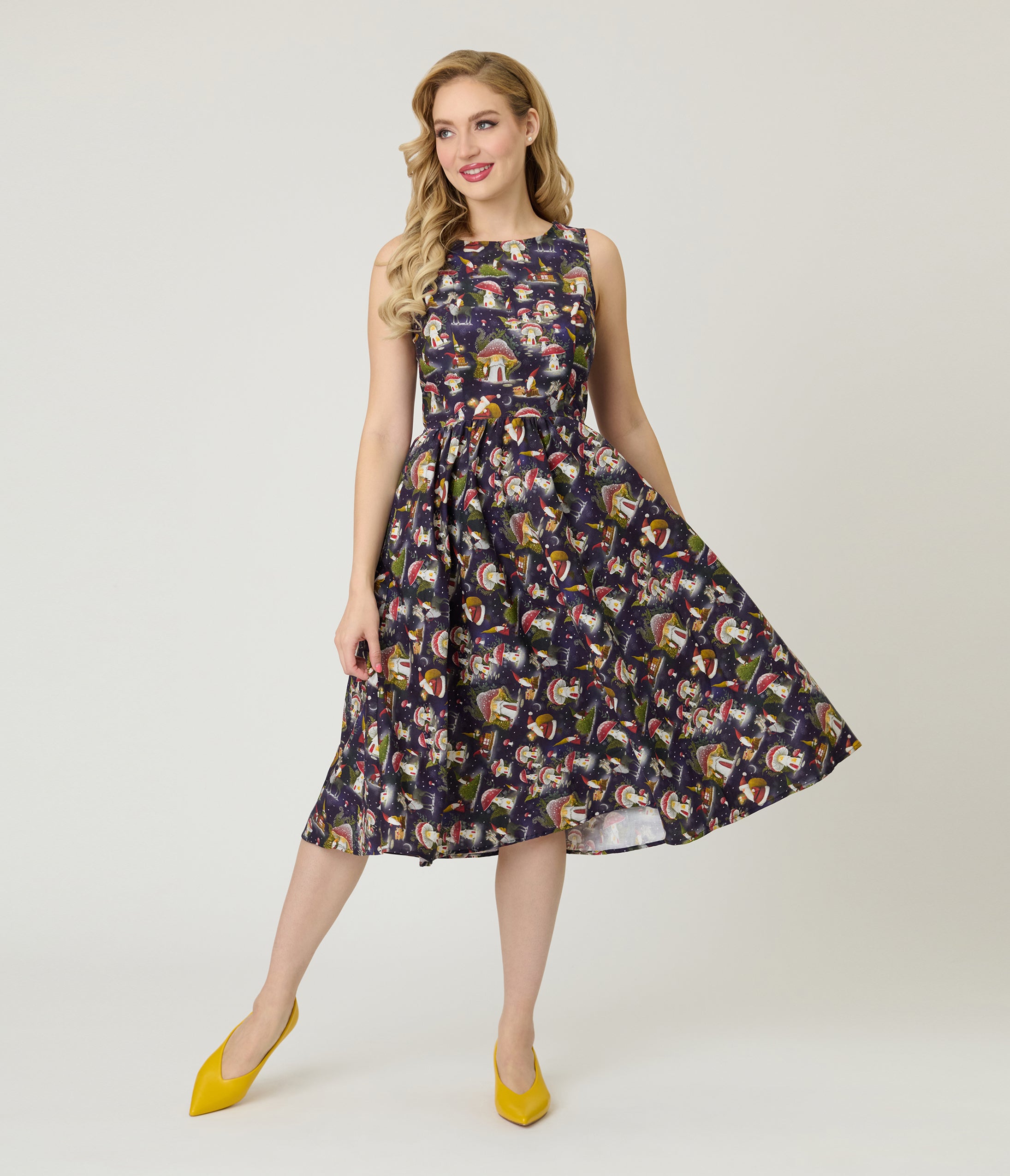 Retrolicious Navy & Gnome Santa Cotton Swing Dress
