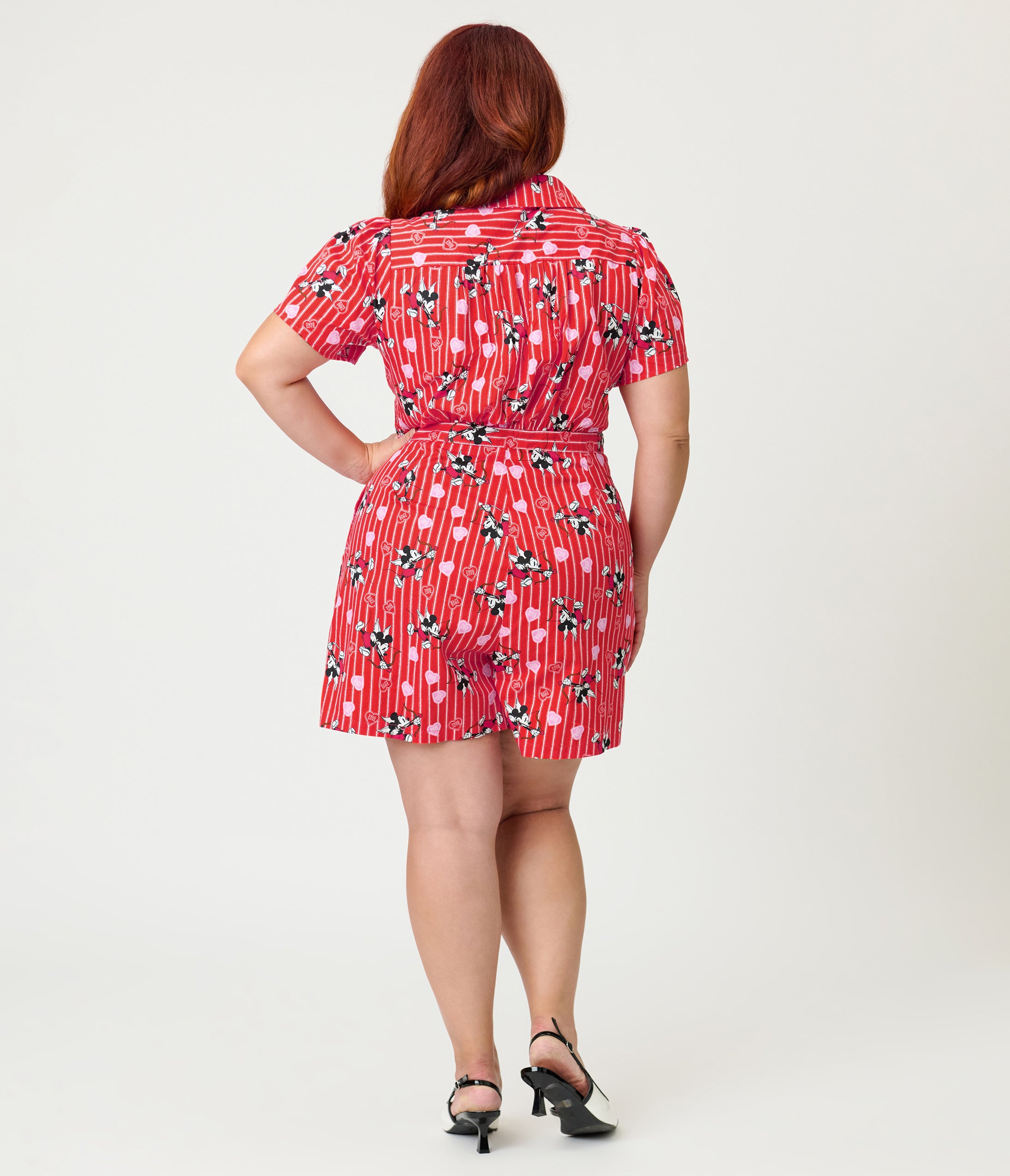 Disney Mickey & Friends Collection by Unique Vintage Plus Size Red Striped Cupid Mickey Cotton Romper