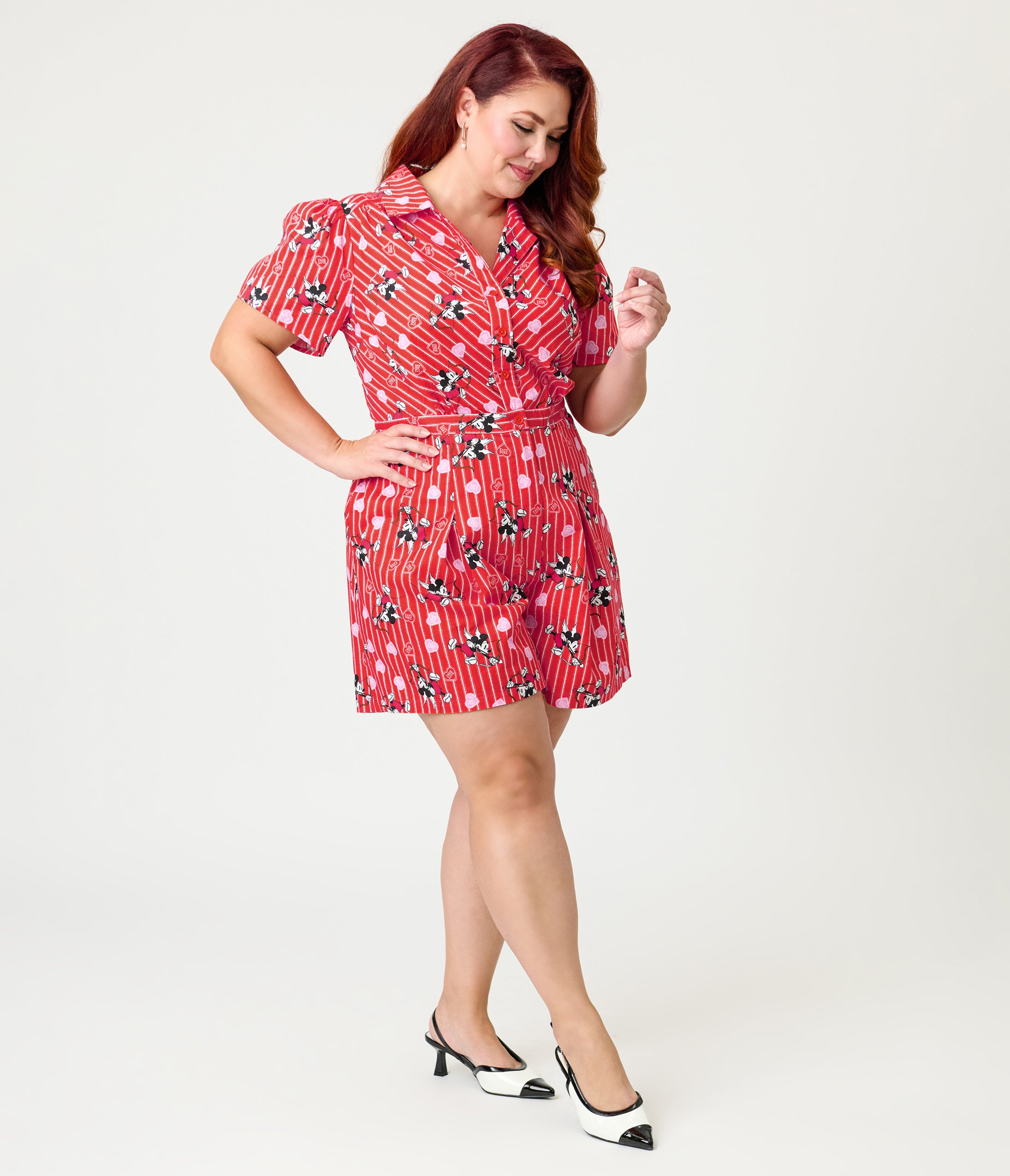 Disney Mickey & Friends Collection by Unique Vintage Plus Size Red Striped Cupid Mickey Cotton Romper