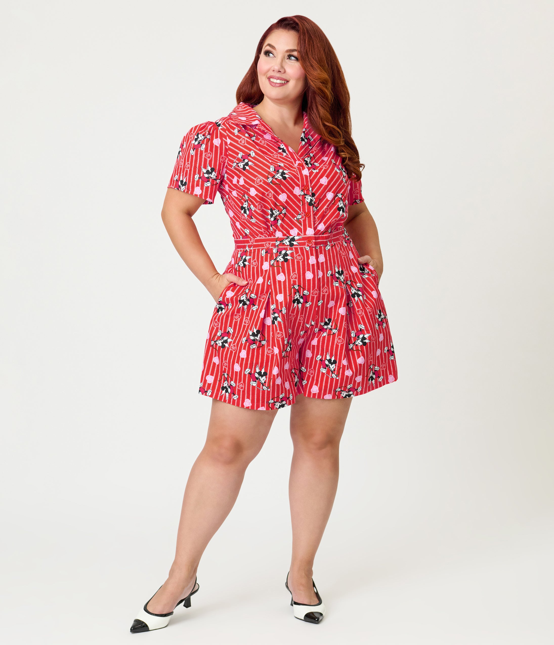 Disney Mickey & Friends Collection by Unique Vintage Plus Size Red Striped Cupid Mickey Cotton Romper