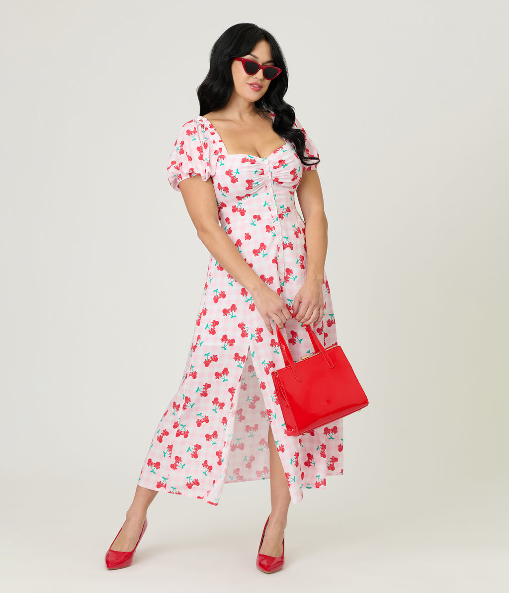 Disney Mickey & Friends Collection by Unique Vintage Pink & Minnie Cherries Midi Dress