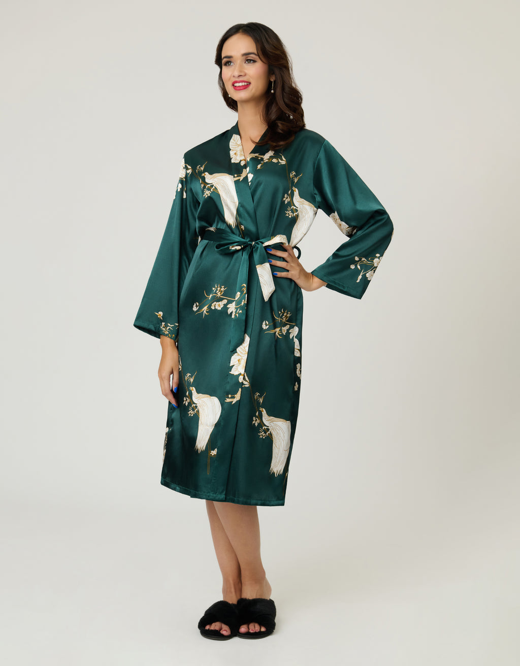 Green Floral Satin Kimono