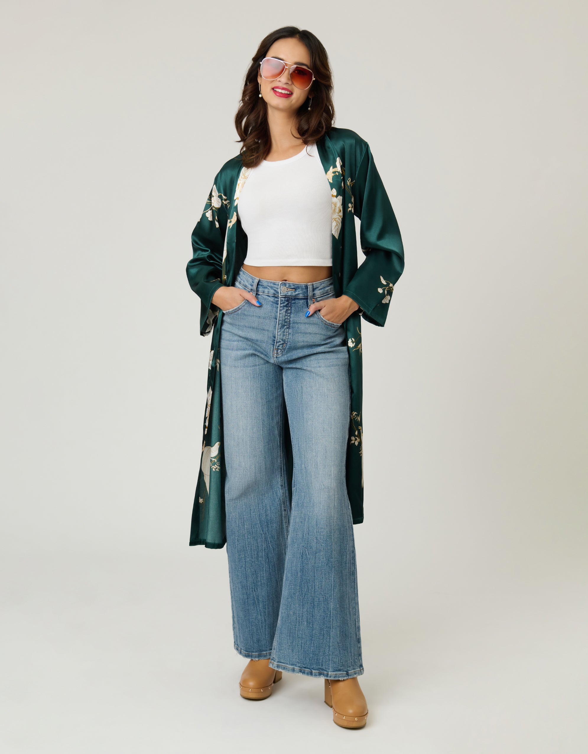 Green Floral Satin Kimono