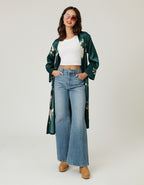 Green Floral Satin Kimono