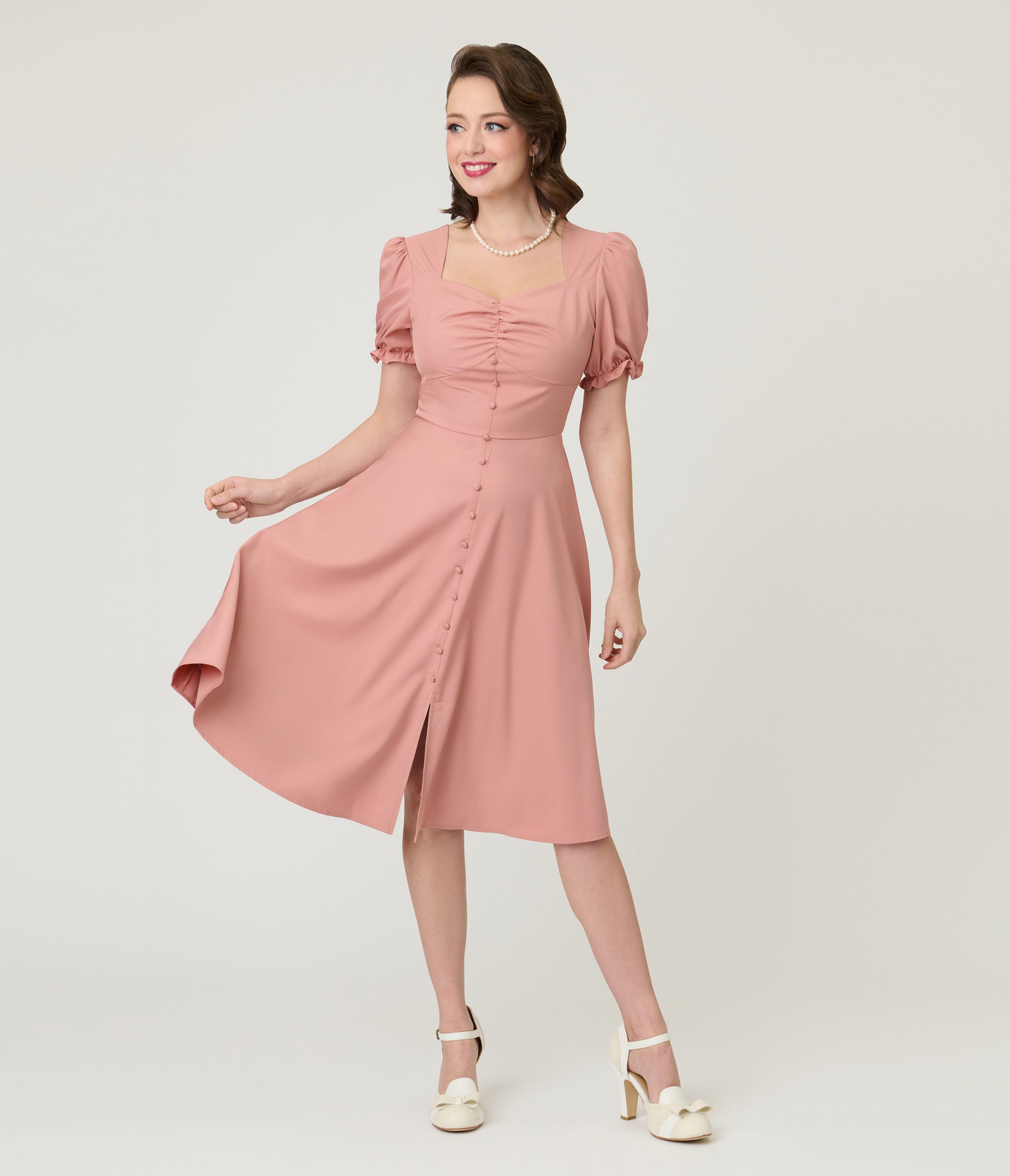 Rose Puff Sleeve Tea Length Dress