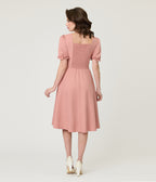 Rose Puff Sleeve Tea Length Dress
