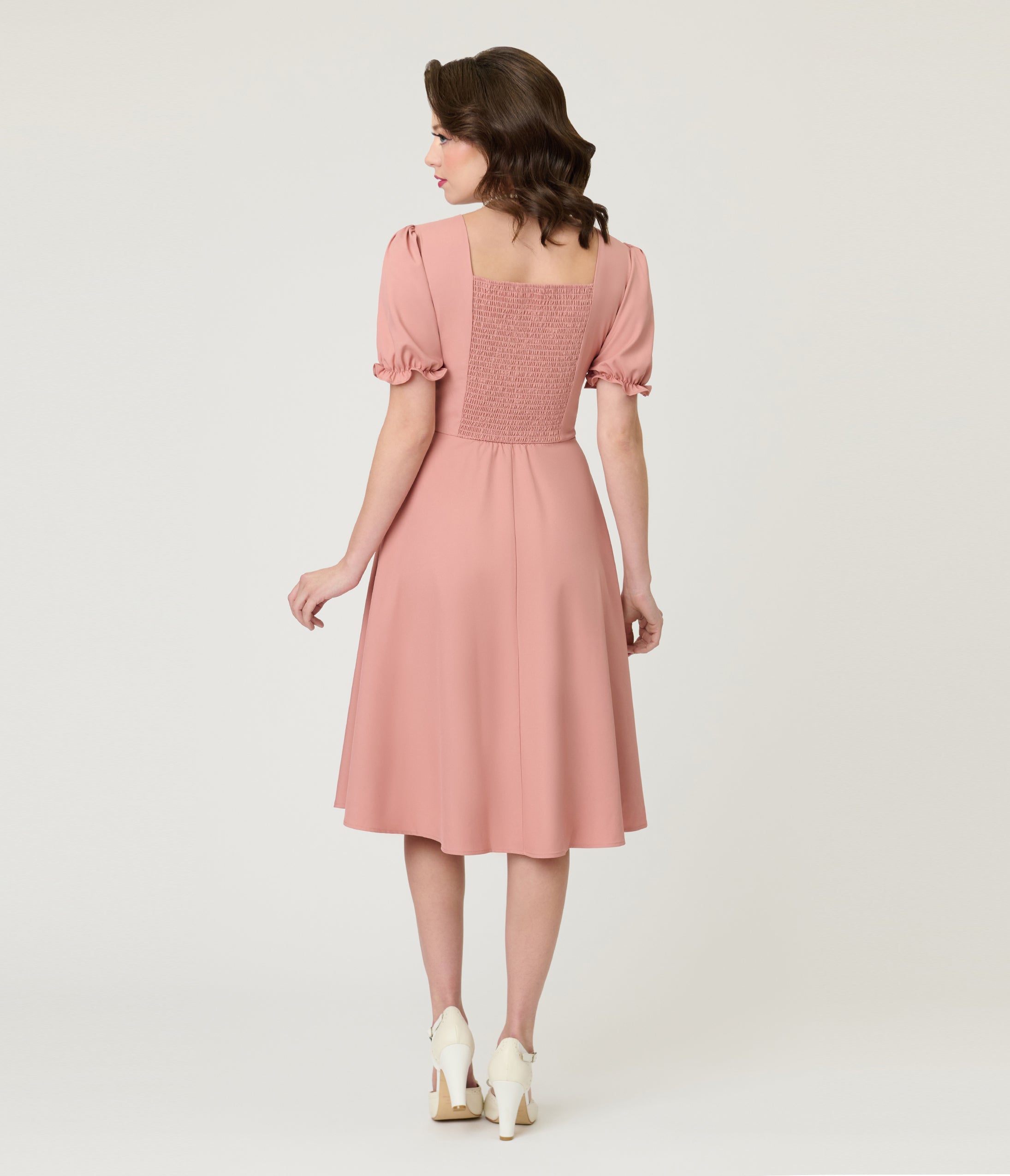 Rose Puff Sleeve Tea Length Dress