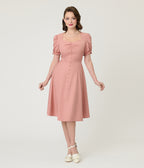 Rose Puff Sleeve Tea Length Dress