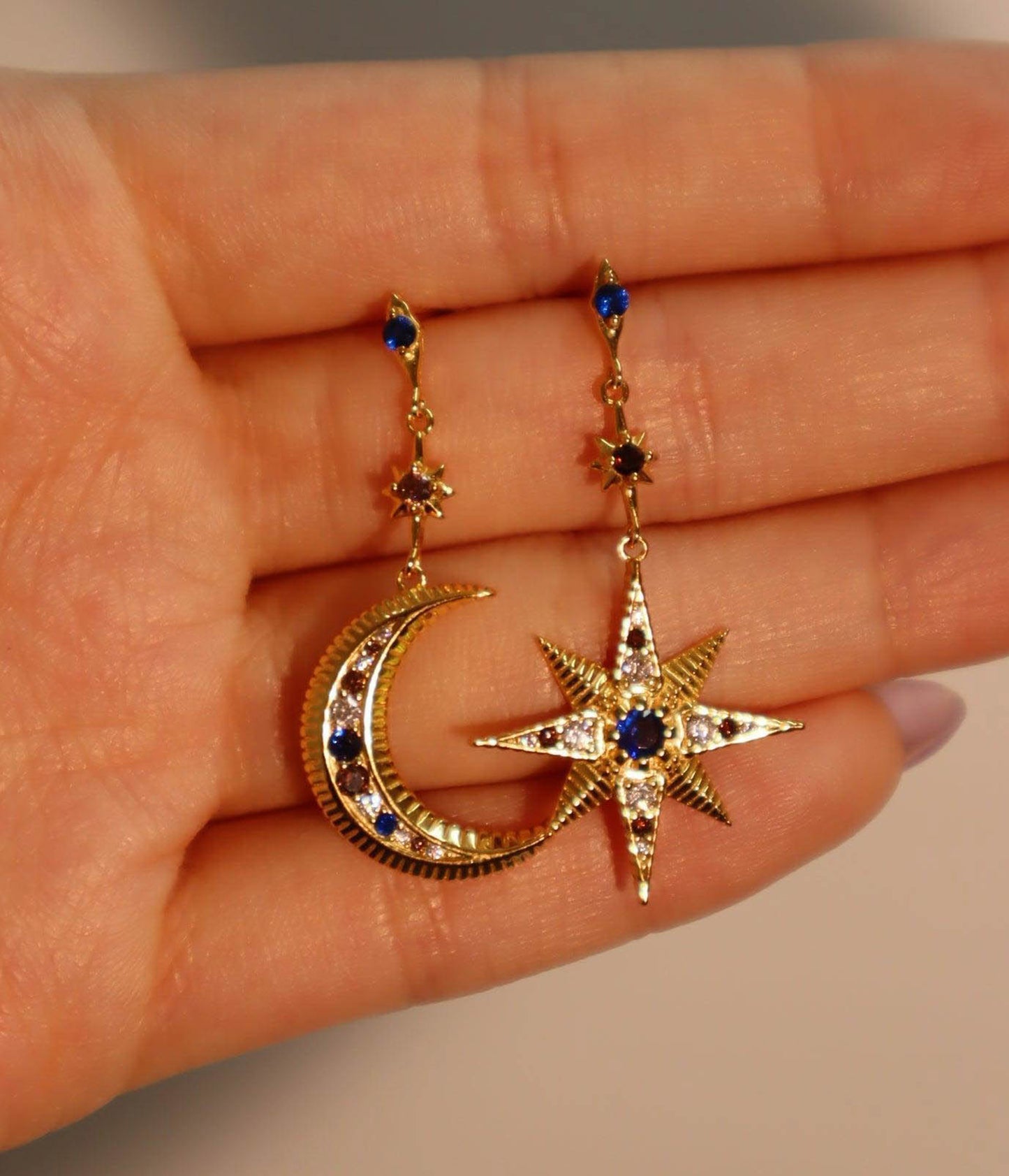 Gold & Blue Rhinestone Star & Moon Earrings