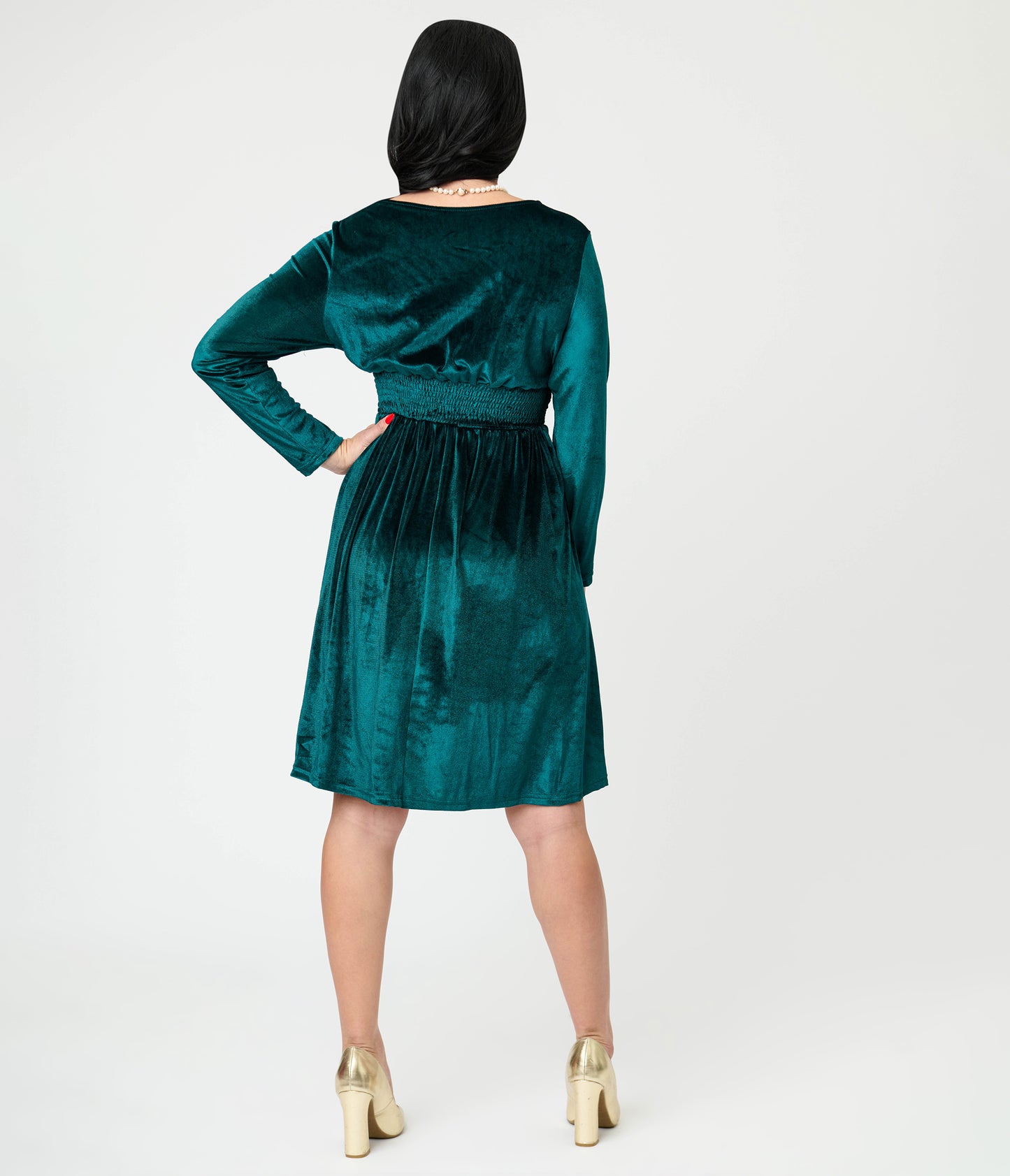 Green Velvet Long Sleeve Fit & Flare Dress