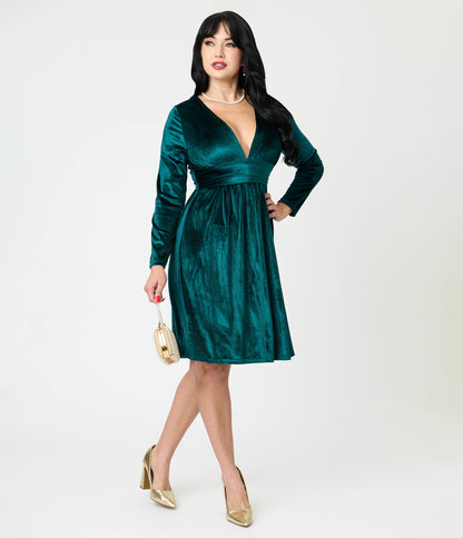 Green Velvet Long Sleeve Fit & Flare Dress