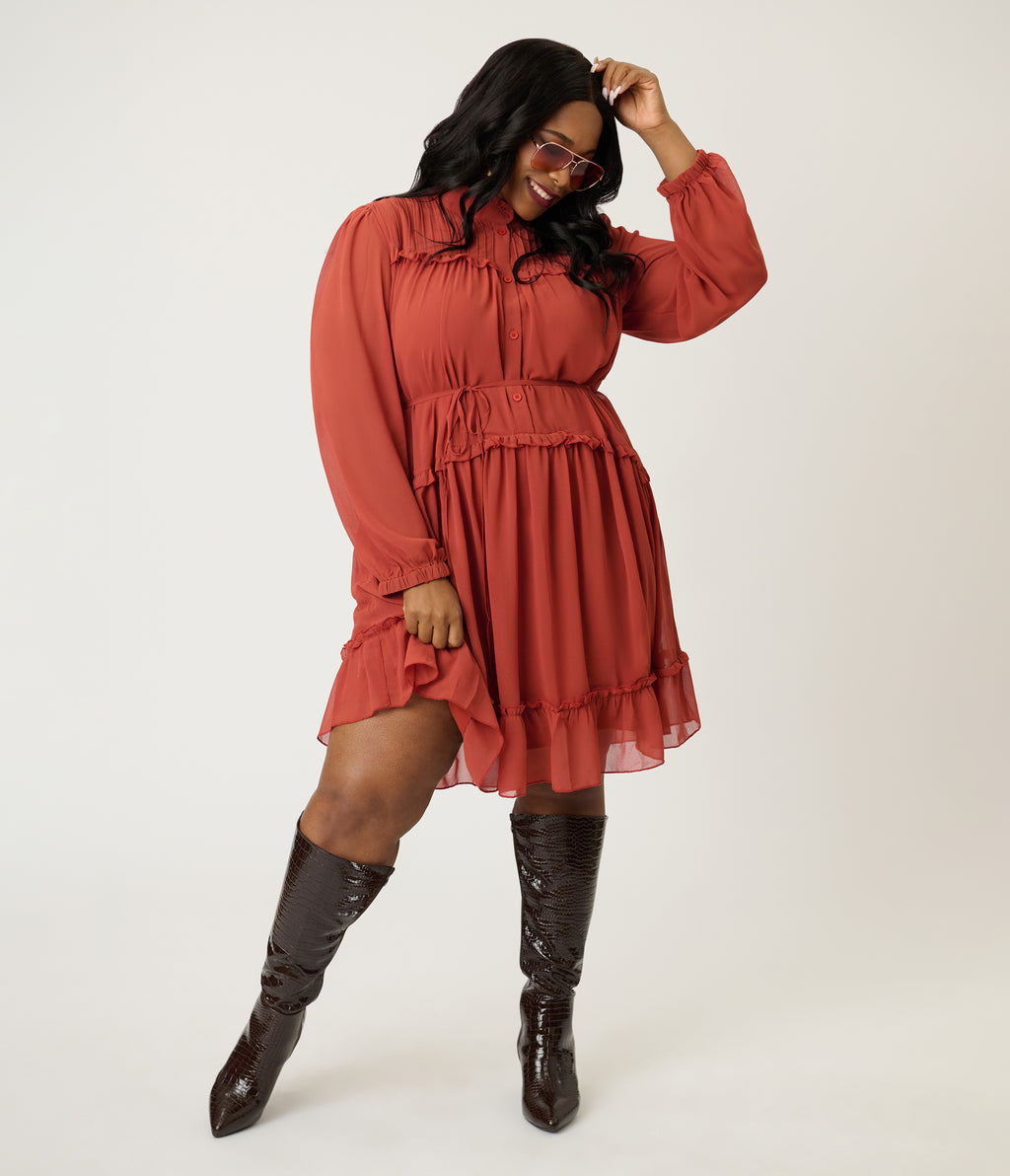 Plus Size Rust Red Chiffon Flare Dress