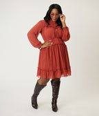 Plus Size Rust Red Chiffon Flare Dress