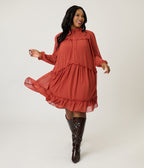 Plus Size Rust Red Chiffon Flare Dress