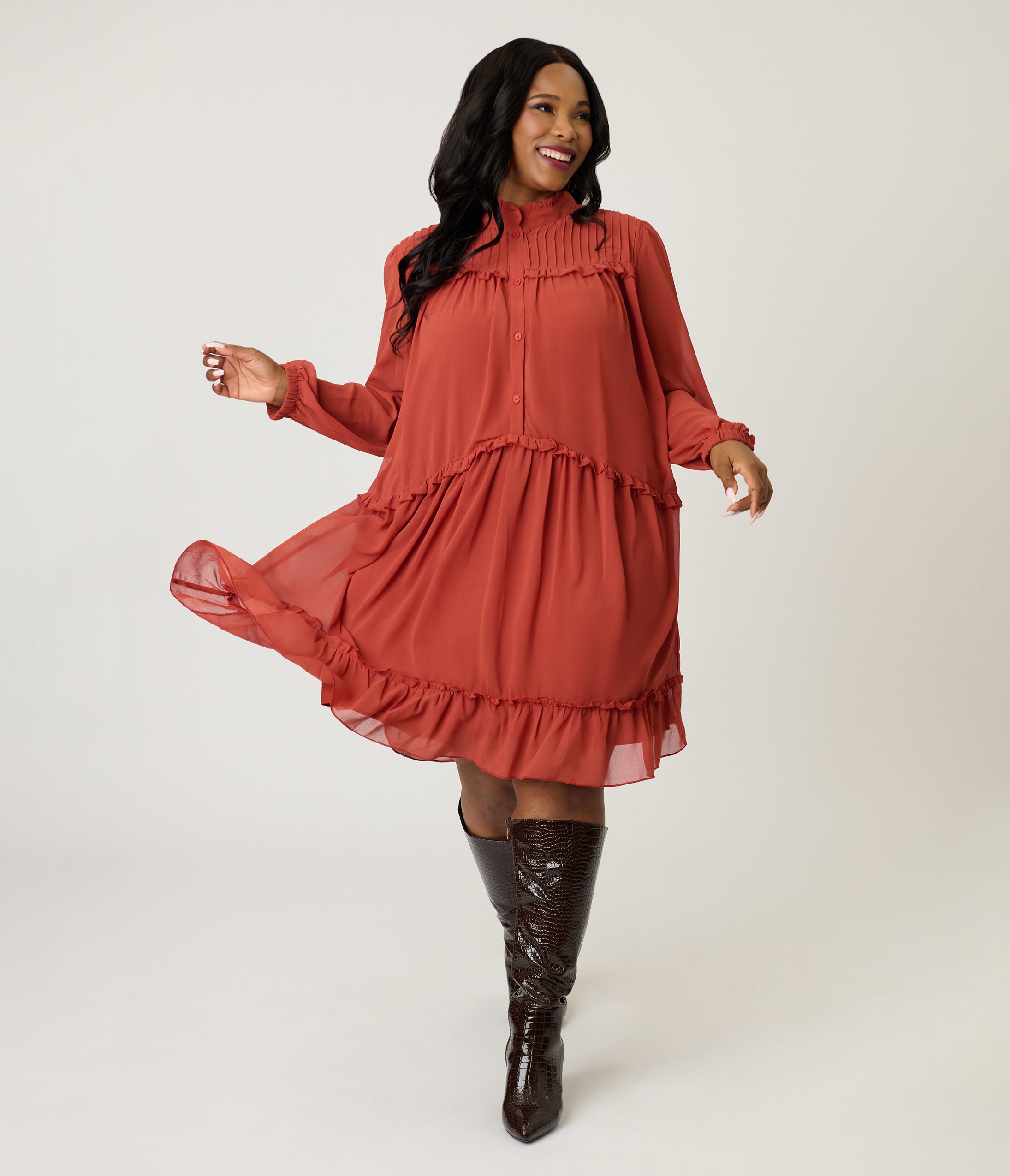 Plus Size Rust Red Chiffon Flare Dress