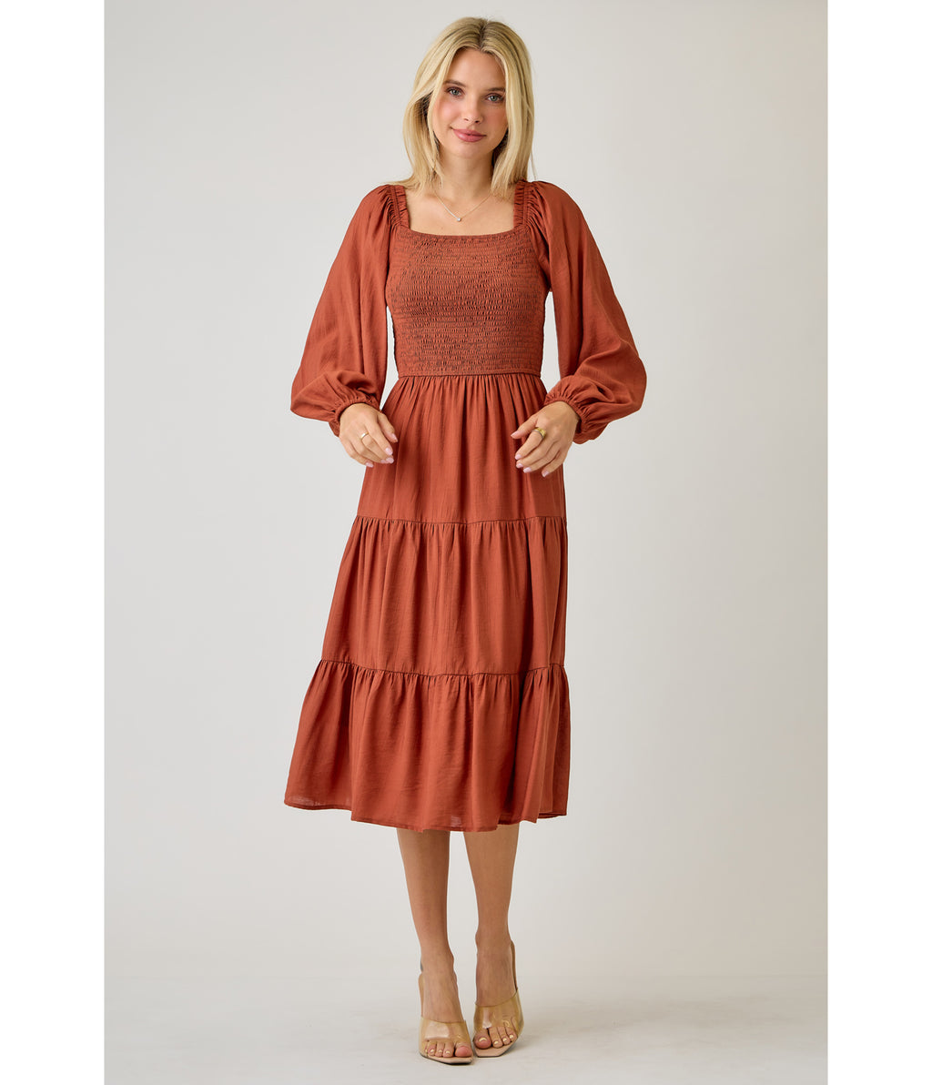Brown Smocked Midi Dress