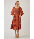 Brown Smocked Midi Dress