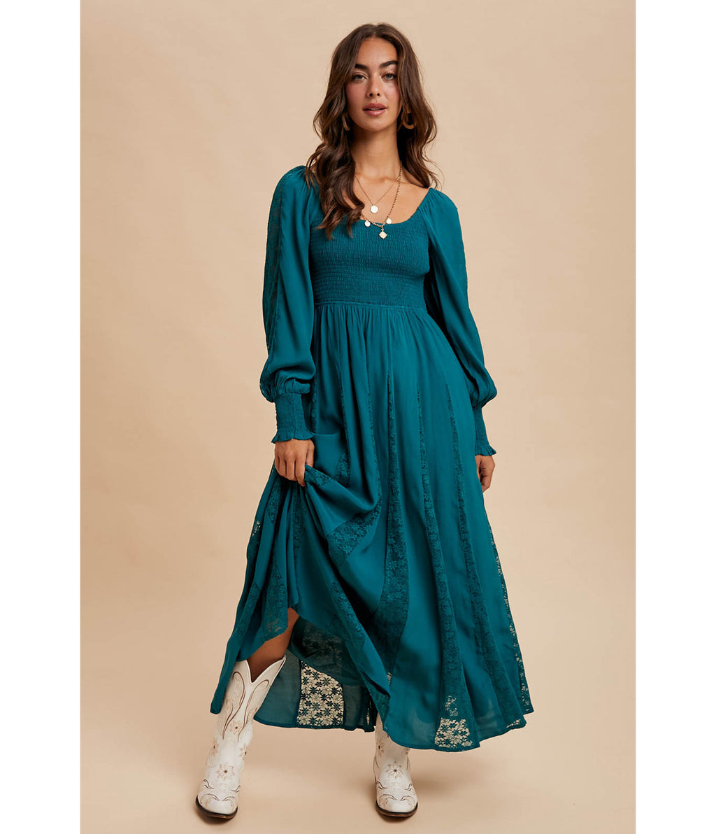 Emerald Smocked Lace Inset Maxi Dress