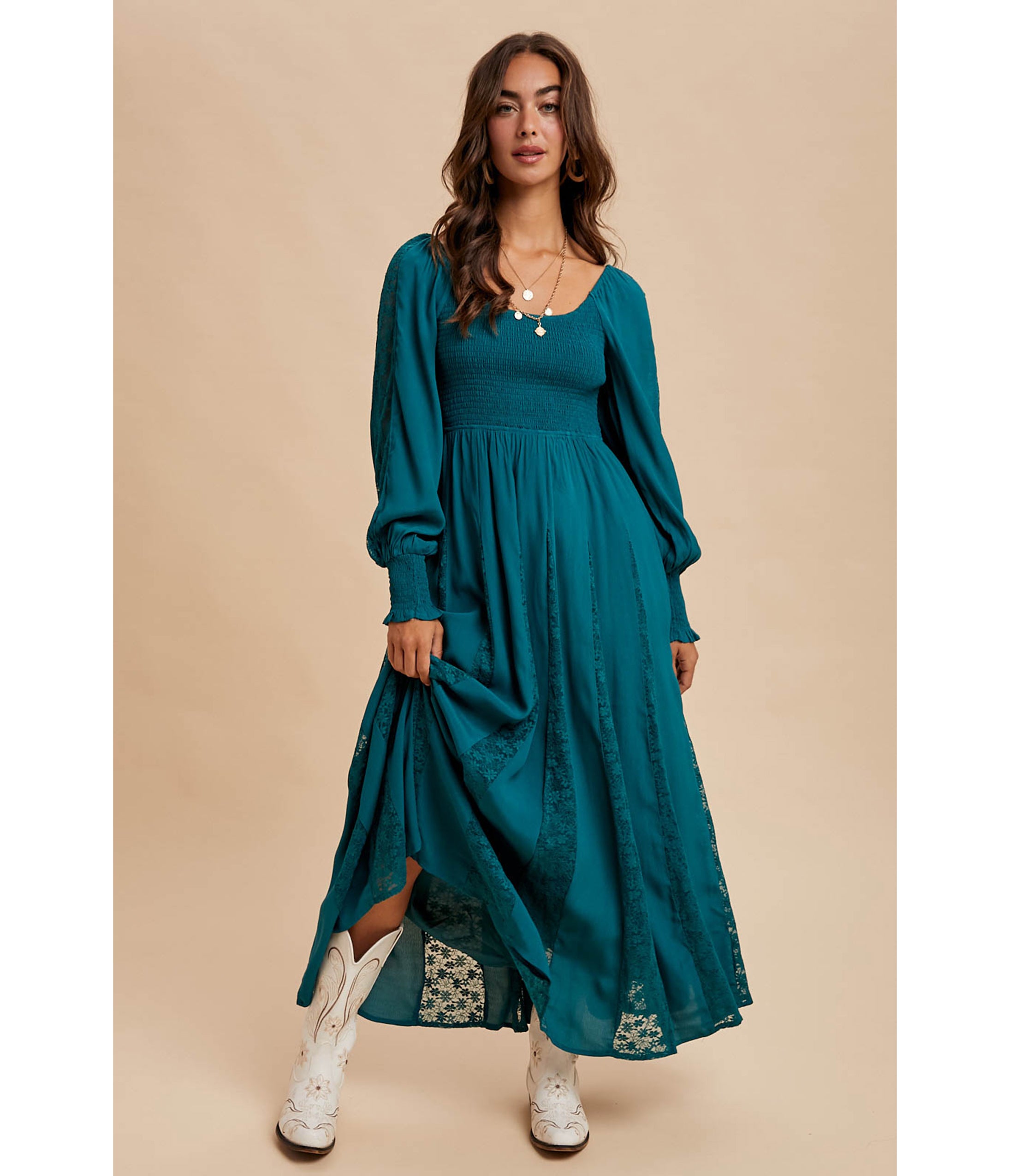 Emerald Smocked Lace Inset Maxi Dress