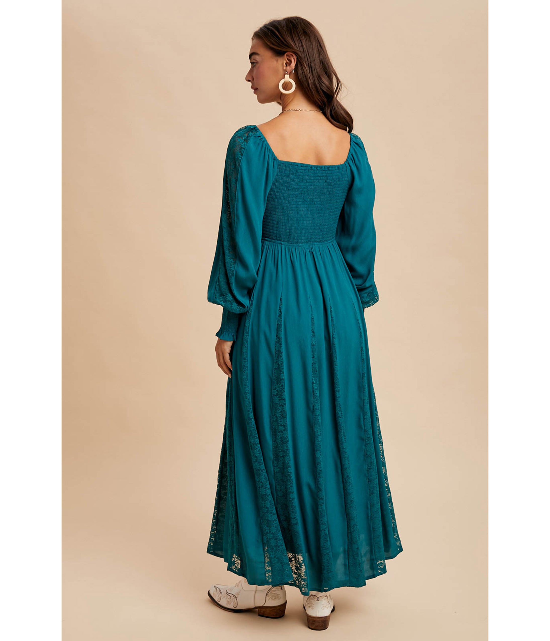 Emerald Smocked Lace Inset Maxi Dress