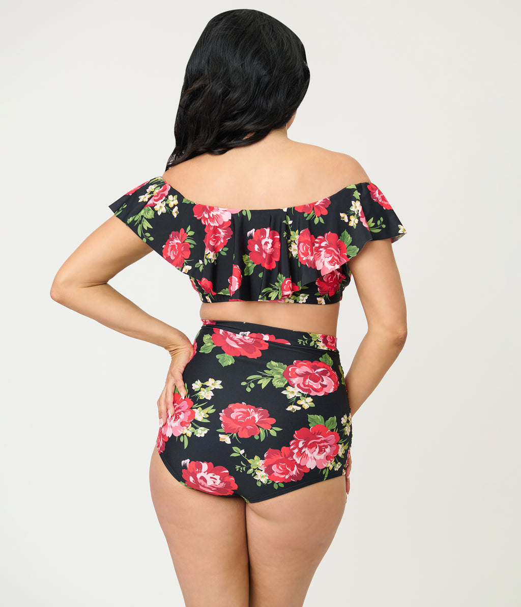 Unique Vintage Cabbage Roses Ruffled Ramona Swim Top
