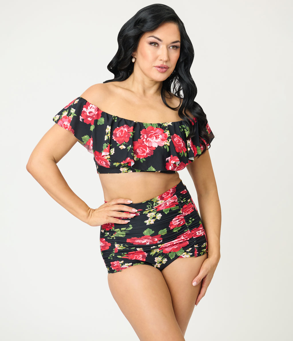 Unique Vintage Cabbage Roses Ruffled Ramona Swim Top