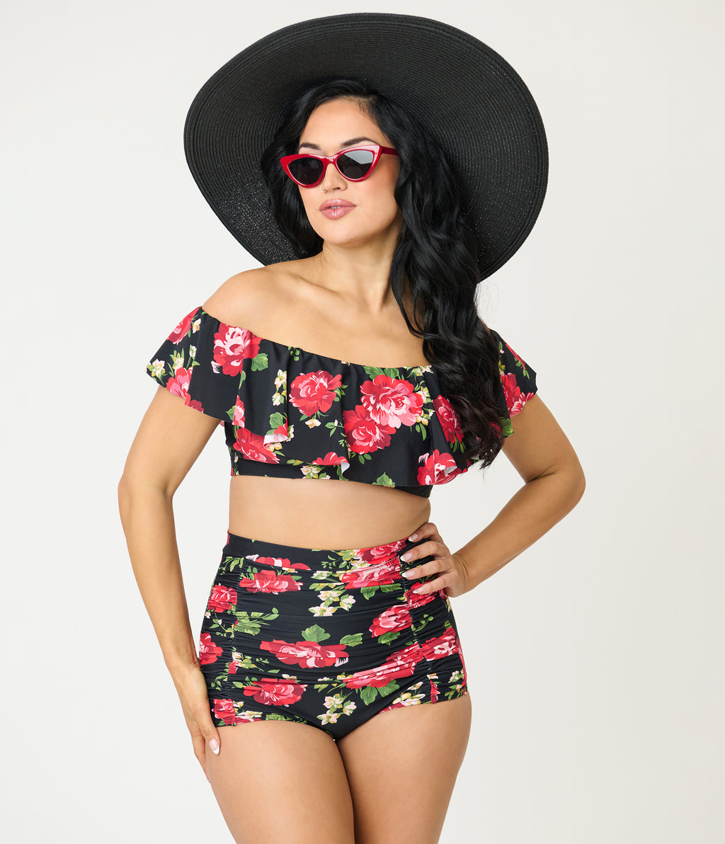 Unique Vintage Black & Cabbage Roses Monroe High Waist Swim Bottom