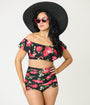 Unique Vintage Black & Cabbage Roses Monroe High Waist Swim Bottom