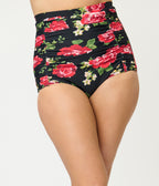 Unique Vintage Black & Cabbage Roses Monroe High Waist Swim Bottom