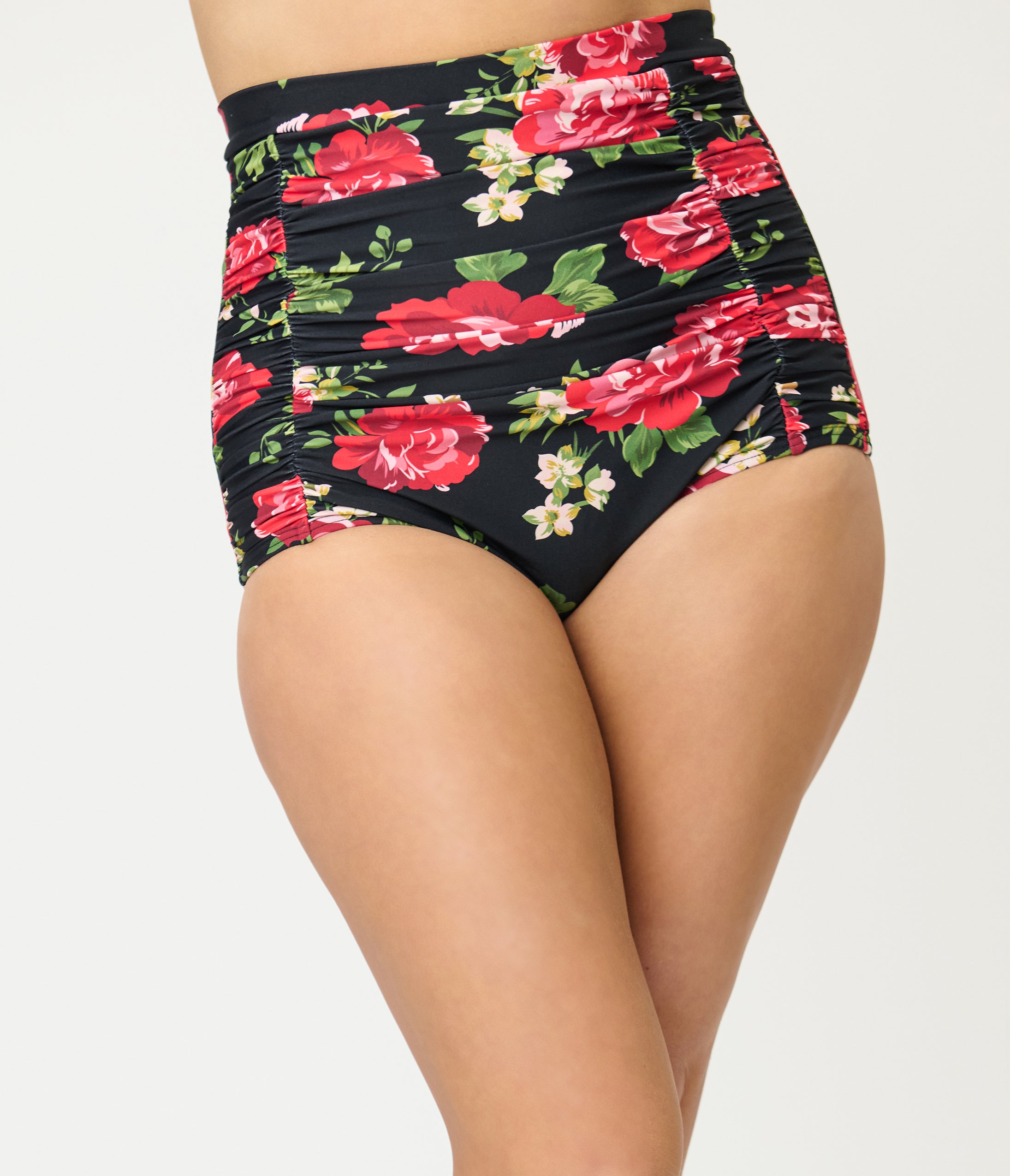 Unique Vintage Black & Cabbage Roses Monroe High Waist Swim Bottom