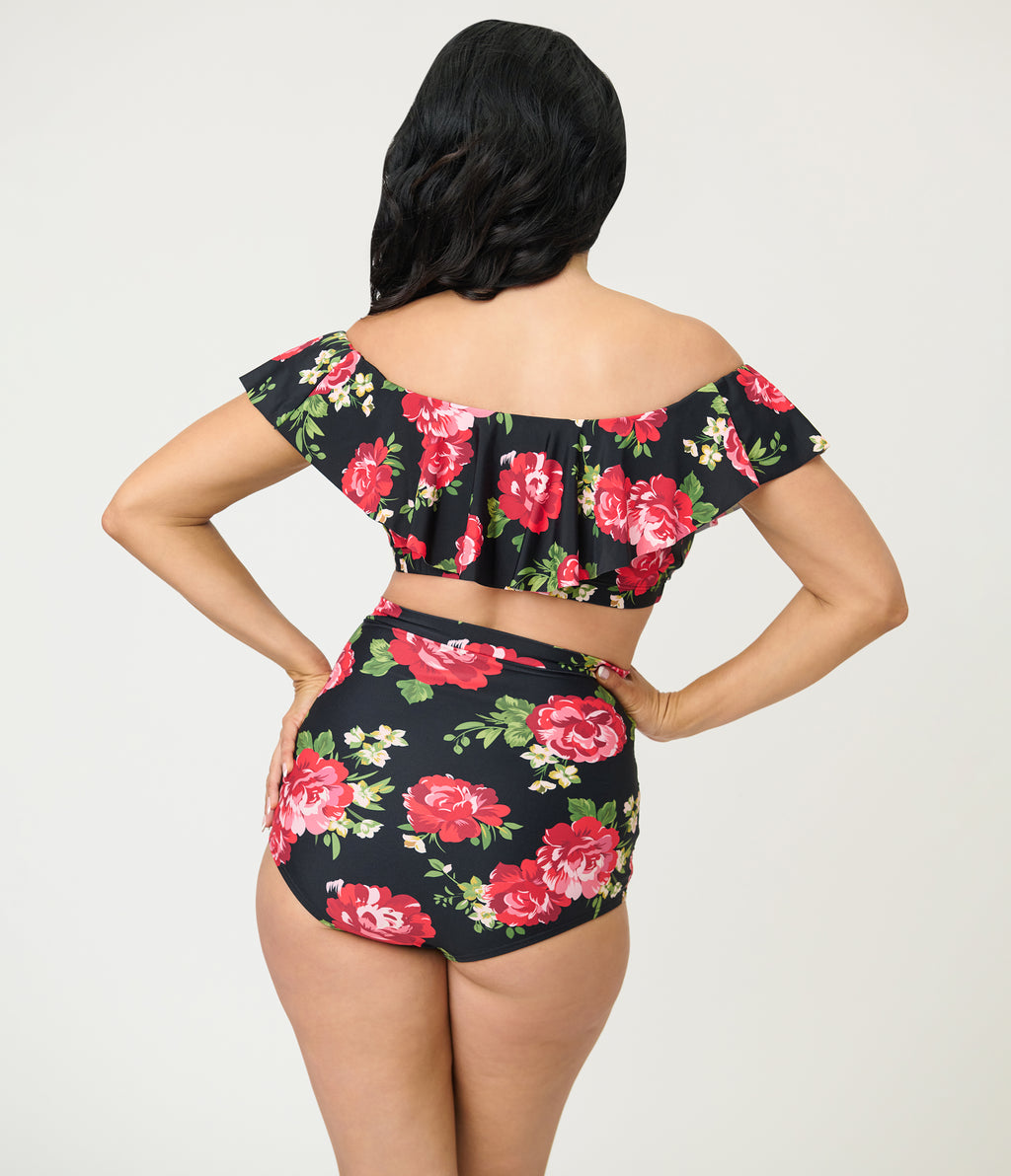 Unique Vintage Black & Cabbage Roses Monroe High Waist Swim Bottom