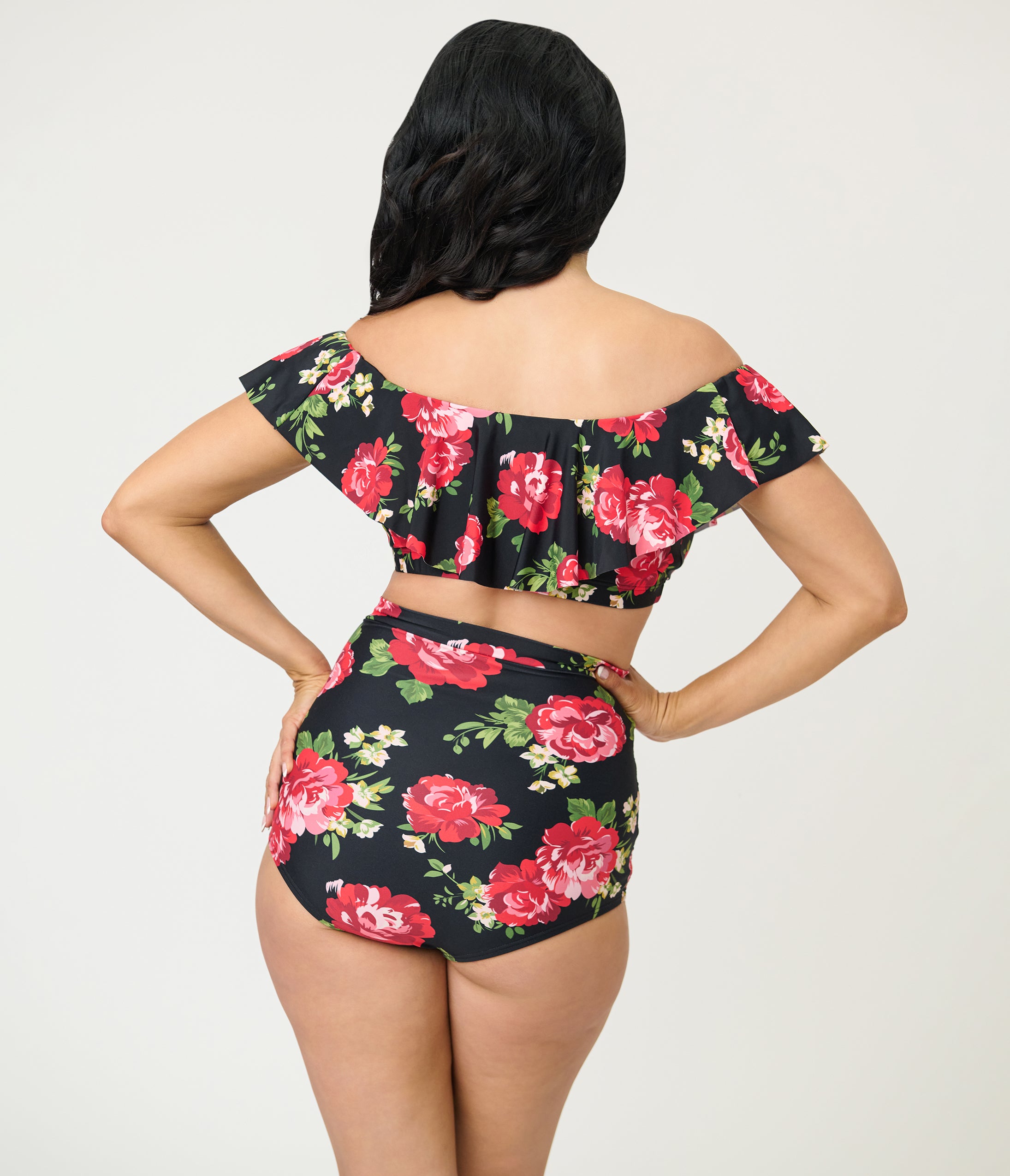 Unique Vintage Black & Cabbage Roses Monroe High Waist Swim Bottom