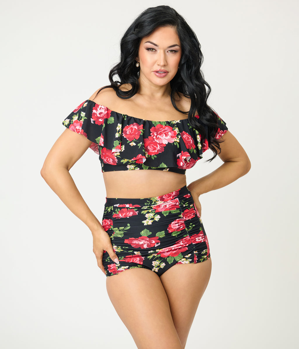 Unique Vintage Black & Cabbage Roses Monroe High Waist Swim Bottom