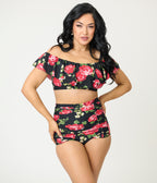 Unique Vintage Black & Cabbage Roses Monroe High Waist Swim Bottom