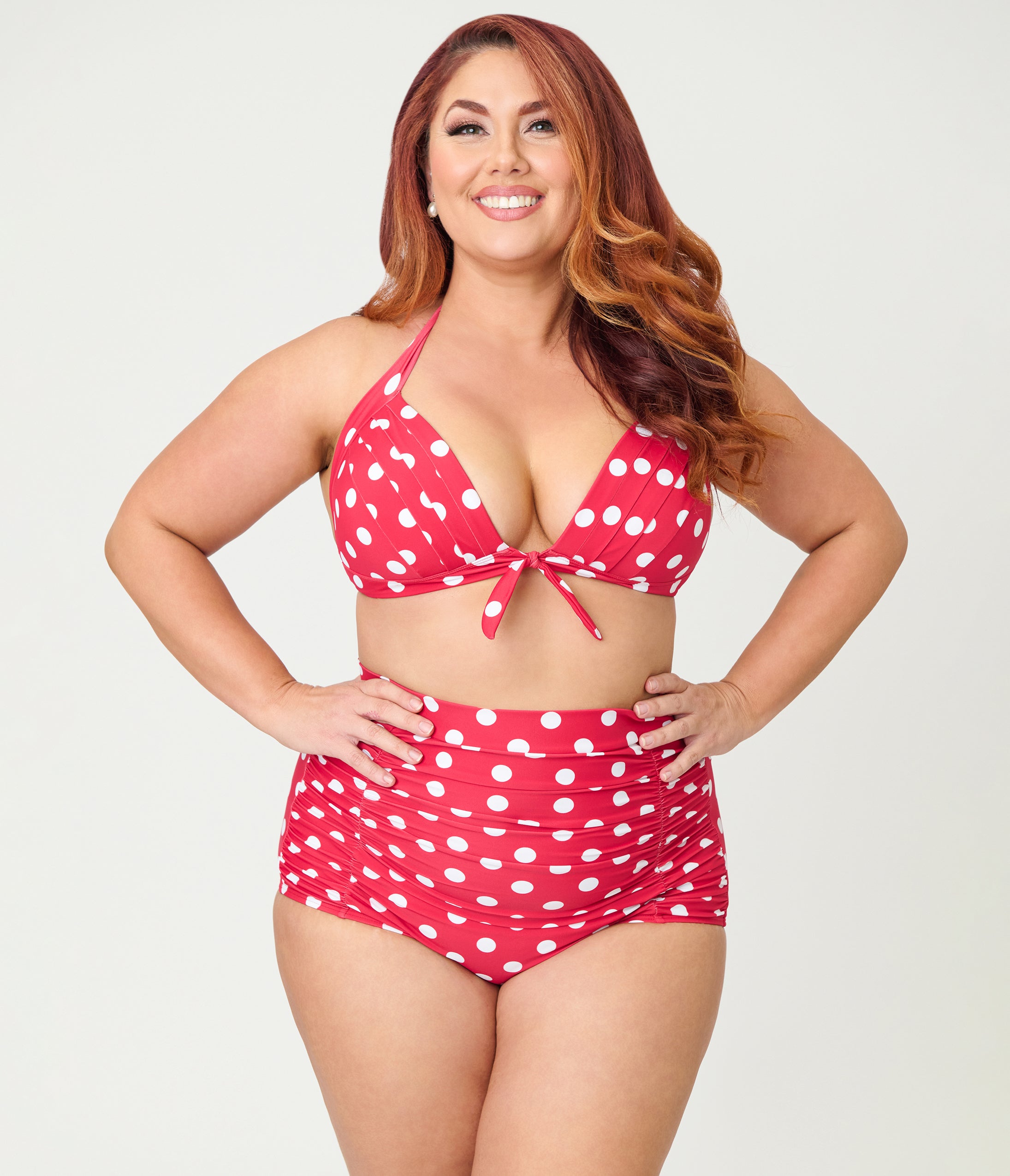 Unique Vintage Plus Size Red White Dots Monroe High Waist Swim Bottom