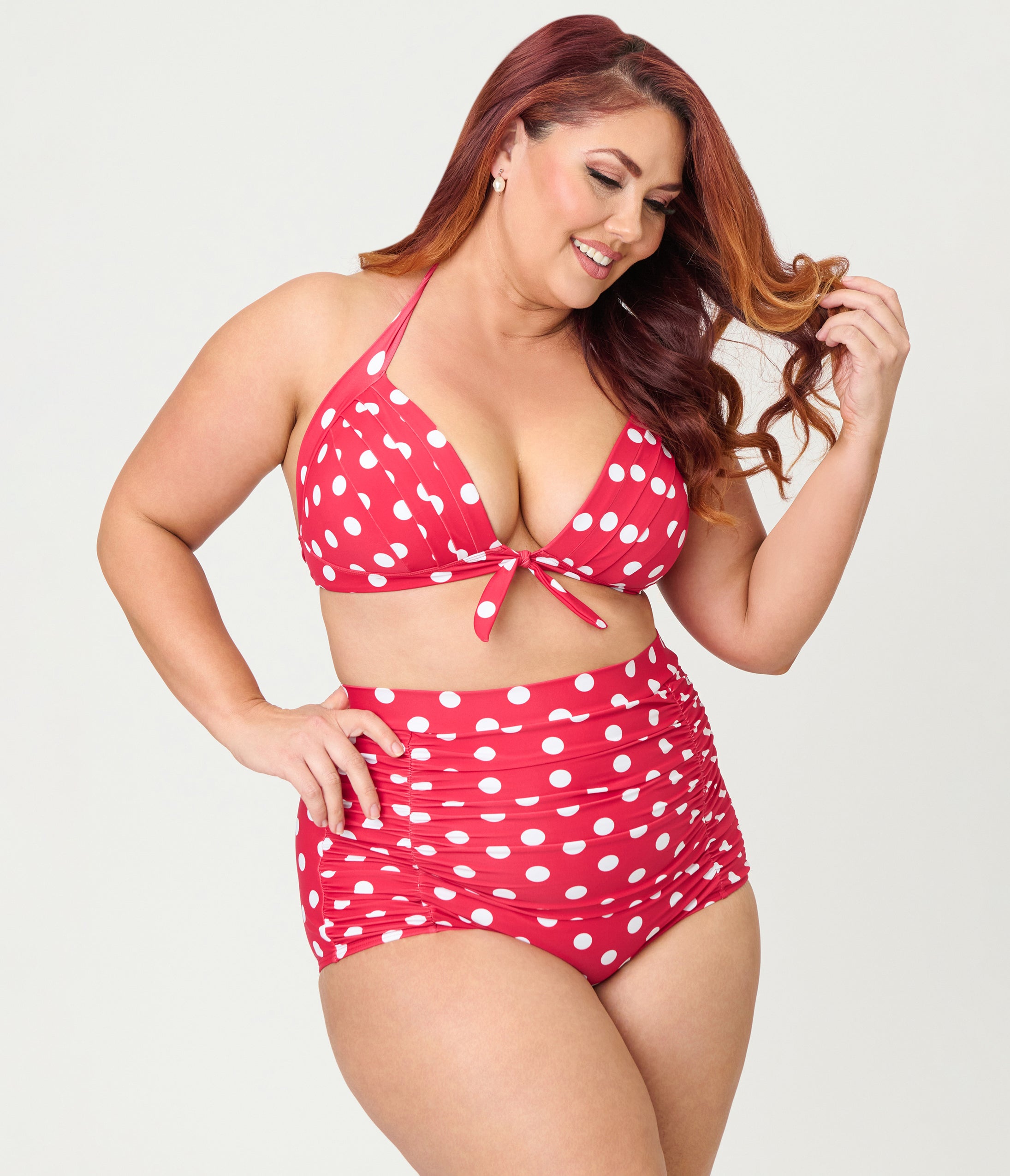 Unique Vintage Plus Size Red White Dots Monroe High Waist Swim Bottom