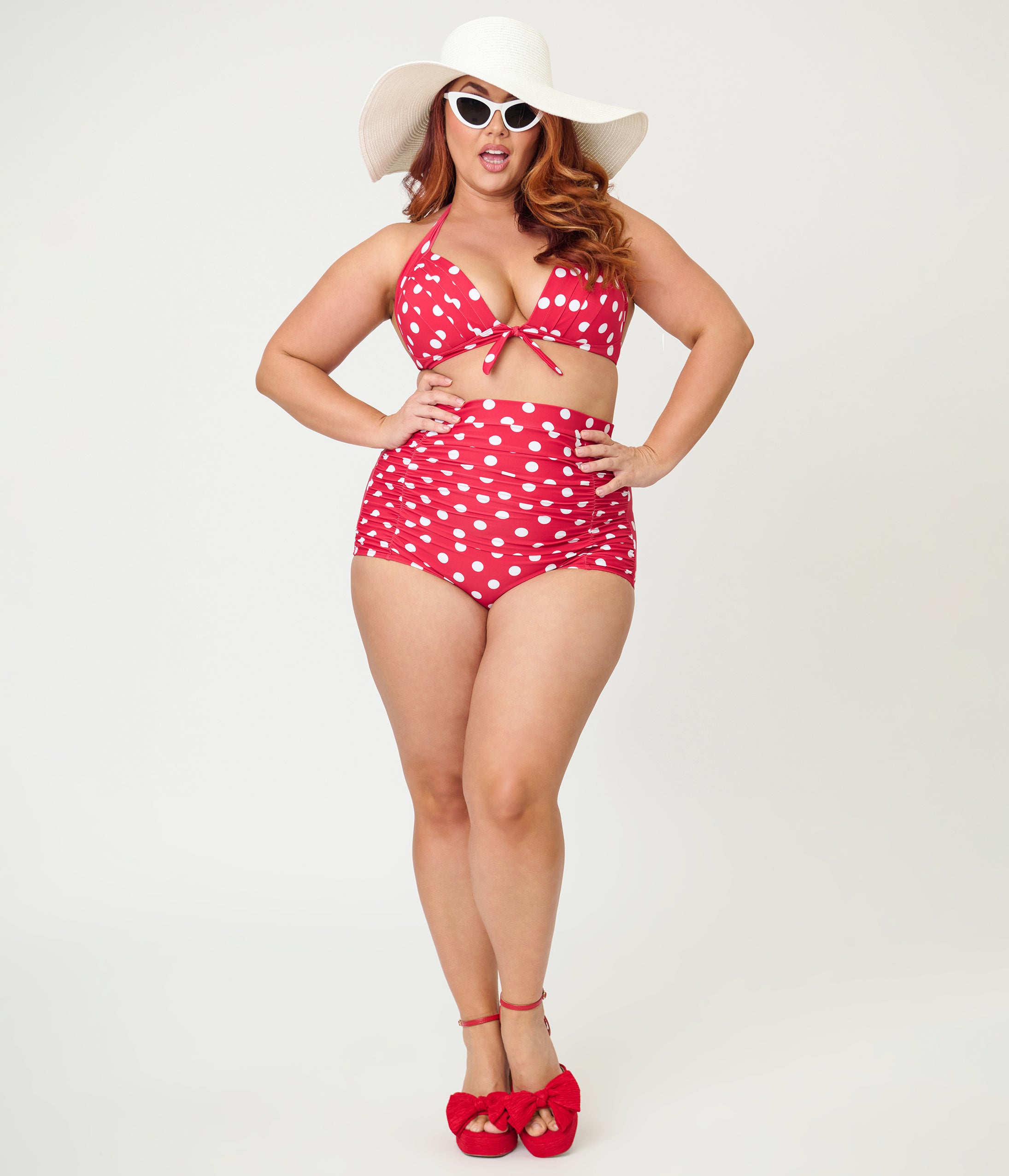Unique Vintage Plus Size Red White Dots Monroe High Waist Swim Bottom