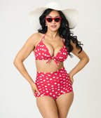 Unique Vintage Red White Dots Monroe High Waist Swim Bottom