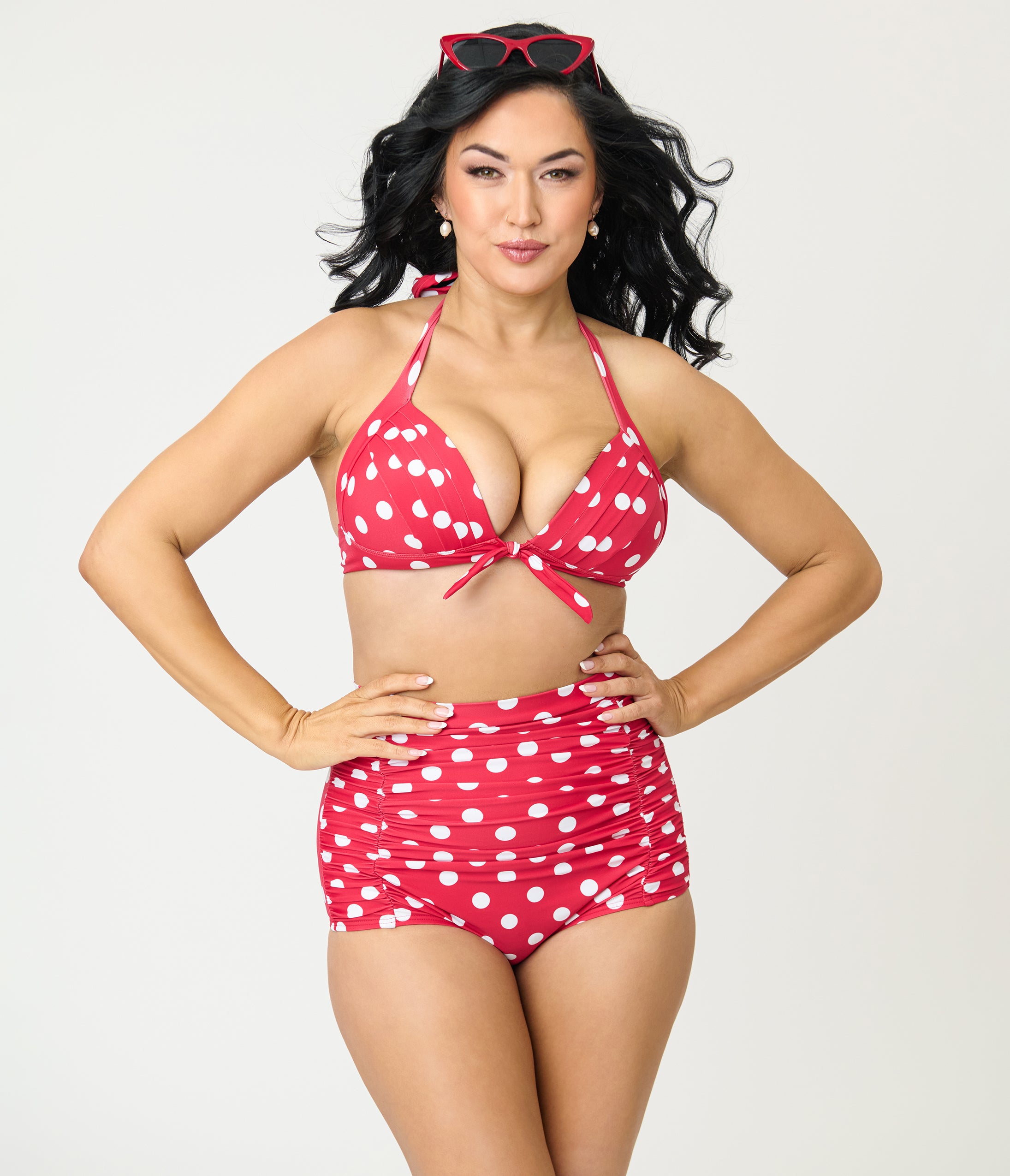 Unique Vintage Red White Dots Monroe High Waist Swim Bottom