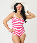 Barbie™ x Unique Vintage Pink & White Chevron Stripe One Piece Bathing Suit